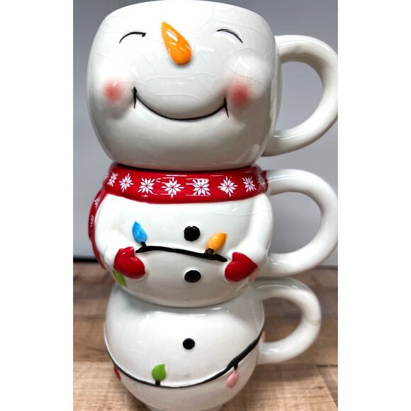 Christmas Snowman Stacking Mugs Set Of 3 Legacy & Main Ceramic Holiday Decor - Picture 1 of 6